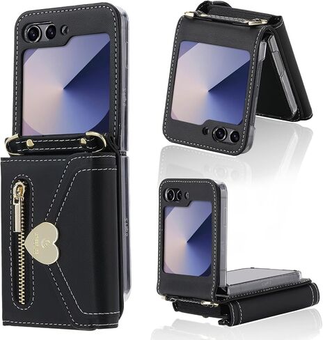 for Samsung Galaxy Z Flip 6 Case with Love Flip Wallet, Large Capacity for 8 Card Slots, and Long Strap - a Mini, Fashionable Crossbody Bag for Young, Stylish Women Shopping(Z Flip 6,Black) in Saudi Arabia