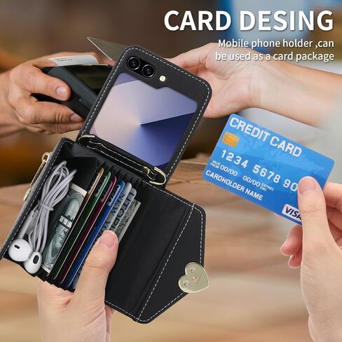 for Samsung Galaxy Z Flip 6 Case with Love Flip Wallet, Large Capacity for 8 Card Slots, and Long Strap - a Mini, Fashionable Crossbody Bag for Young, Stylish Women Shopping(Z Flip 6,Black) in Saudi Arabia