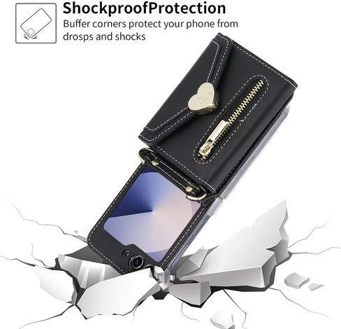 for Samsung Galaxy Z Flip 6 Case with Love Flip Wallet, Large Capacity for 8 Card Slots, and Long Strap - a Mini, Fashionable Crossbody Bag for Young, Stylish Women Shopping(Z Flip 6,Black) in Saudi Arabia