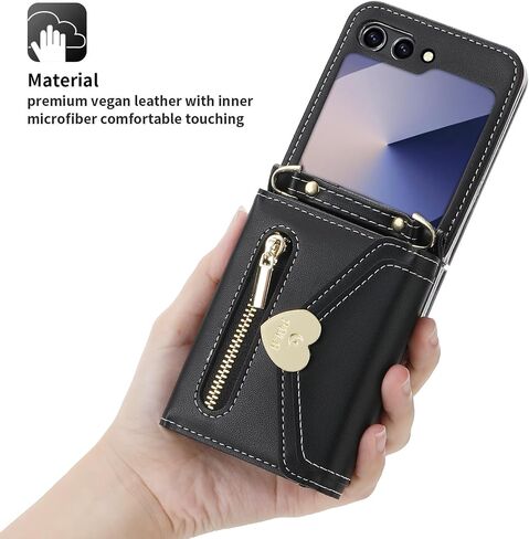 for Samsung Galaxy Z Flip 6 Case with Love Flip Wallet, Large Capacity for 8 Card Slots, and Long Strap - a Mini, Fashionable Crossbody Bag for Young, Stylish Women Shopping(Z Flip 6,Black) in Saudi Arabia