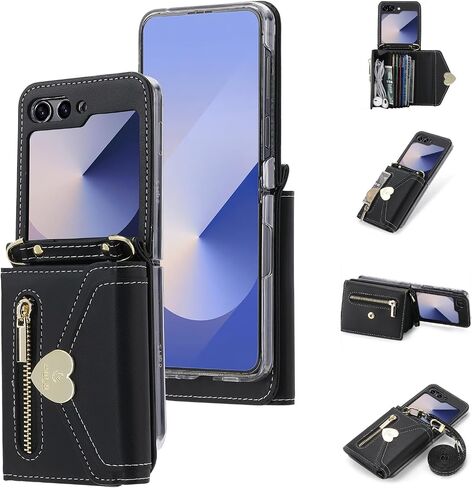 for Samsung Galaxy Z Flip 6 Case with Love Flip Wallet, Large Capacity for 8 Card Slots, and Long Strap - a Mini, Fashionable Crossbody Bag for Young, Stylish Women Shopping(Z Flip 6,Black) in Saudi Arabia