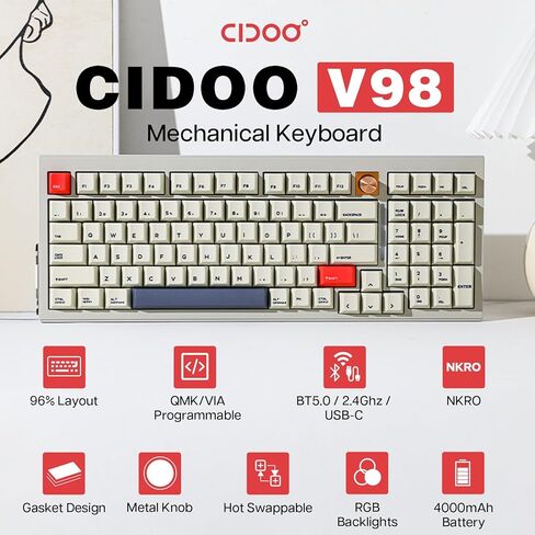 لوحة مفاتيح CIDOO V98 للألعاب من الألومنيوم بنسبة 96%، لوحة مفاتيح ميكانيكية ذات حشية مع 5 طبقات حشوة، QMK قابلة للبرمجة، BT5.0/2.4 جيجا هرتز/USB-C لوحة مفاتيح مخصصة قابلة للتبديل السريع مع أغطية مفاتيح PBT لـ Win/Mac in Kuwait