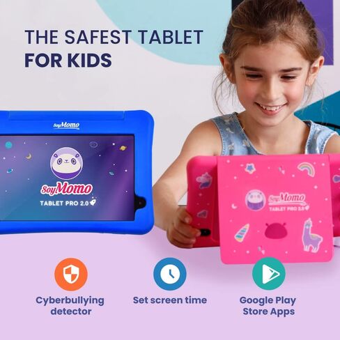 SoyMomo Anti-cyberbullying Tablet for Kids with Remote Parental Control App, WiFi, Bluetooth, 8" Screen, 64GB Memory, 4GB RAM, Camera, 5000 mHa, Extra Durable Silicone Case (Blue) in Saudi Arabia