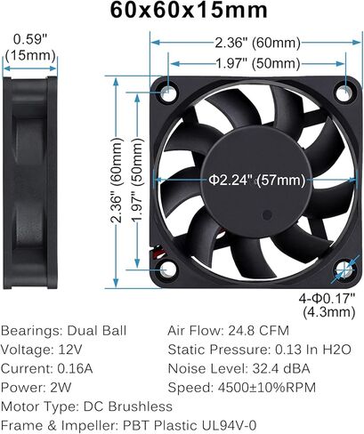 GDSTIME محمل كروي مزدوج 60 مم × 60 مم × 15 مم 12 فولت مروحة تبريد عالية السرعة بدون فرشاة in Kuwait