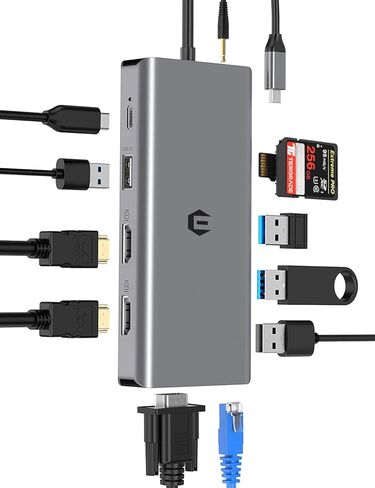 12 in 1 USB C Hub Adapter, USB C Docking Station Quadruple Display Thunderbolt 3 Dock with 4K Dual HDMI,VGA,Ethernet,USB 3.0,100W PD Laptop Docking Station for USB C Device in Saudi Arabia