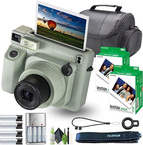 حزمة كاميرا Fujifilm Instax Wide 400 للفيلم الفوري مع طباعة ملونة لفيلم Fuji Instax Wide الفوري (40 ورقة) + حقيبة سفر + بطاريات قابلة لإعادة الشحن مع شاحن ومجموعة تنظيف العدسات in Saudi Arabia