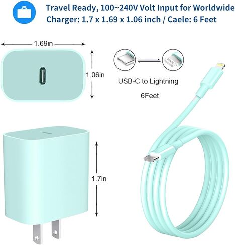 Xpxwaiyds لشاحن iPhone السريع، 3 عبوات لهاتف iPhone 14 13 12 11 USB C شاحن جدار الطاقة مع كابل 6FT، لكابل Lightning متوافق مع iPhone 13/13 Pro Max/12/12 Mini/Pro/11/XS/X/8Plus/Pad أزرق in Kuwait