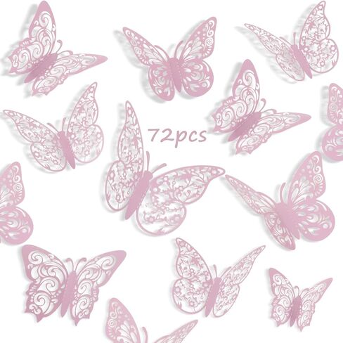 72Pcs Pink Butterfly Decorations 3D Butterfly Wall Decor 3 Styles 3 Sizes Removable Butterflies Decorations for Flower Bouquet Party Cake Mariposas Decoration(Pink) in Saudi Arabia