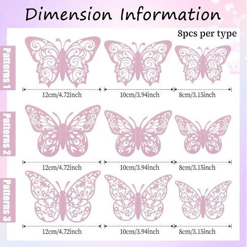 72Pcs Pink Butterfly Decorations 3D Butterfly Wall Decor 3 Styles 3 Sizes Removable Butterflies Decorations for Flower Bouquet Party Cake Mariposas Decoration(Pink) in Saudi Arabia