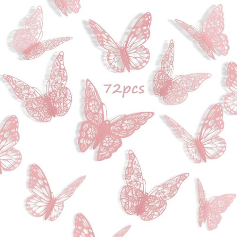 72Pcs Pink Butterfly Decorations 3D Butterfly Wall Decor 3 Styles 3 Sizes Removable Butterflies Decorations for Flower Bouquet Party Cake Mariposas Decoration(Pink) in Saudi Arabia