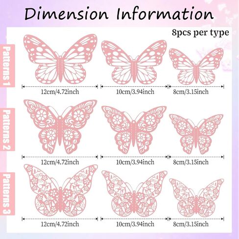 72Pcs Pink Butterfly Decorations 3D Butterfly Wall Decor 3 Styles 3 Sizes Removable Butterflies Decorations for Flower Bouquet Party Cake Mariposas Decoration(Pink) in Saudi Arabia