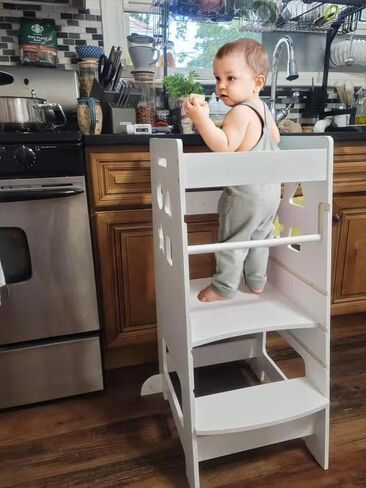 Toddler Kitchen Stool Helper, Kitchen Step Stool for Kids with Safe Rail, Baby Adjustable Learning Standing Tower for Kitchen Counter & Bathroom Sink(White) in Saudi Arabia