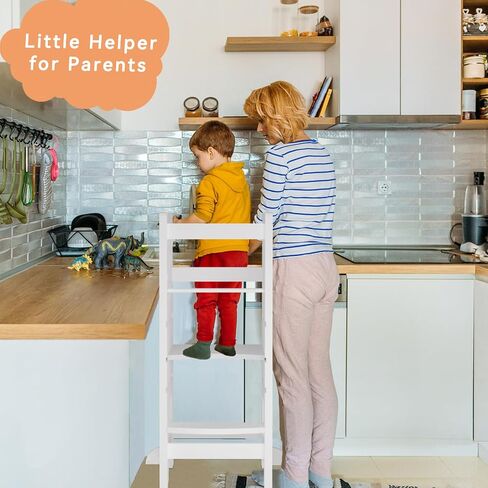 Toddler Kitchen Stool Helper, Kitchen Step Stool for Kids with Safe Rail, Baby Adjustable Learning Standing Tower for Kitchen Counter & Bathroom Sink(White) in Saudi Arabia