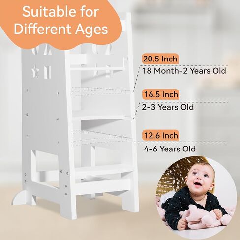 Toddler Kitchen Stool Helper, Kitchen Step Stool for Kids with Safe Rail, Baby Adjustable Learning Standing Tower for Kitchen Counter & Bathroom Sink(White) in Saudi Arabia