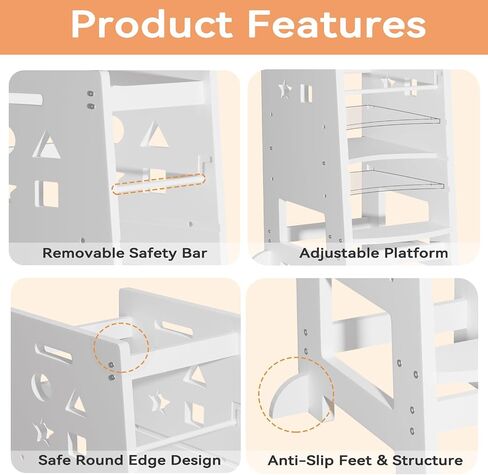 Toddler Kitchen Stool Helper, Kitchen Step Stool for Kids with Safe Rail, Baby Adjustable Learning Standing Tower for Kitchen Counter & Bathroom Sink(White) in Saudi Arabia