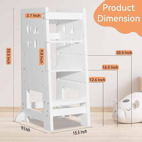 Toddler Kitchen Stool Helper, Kitchen Step Stool for Kids with Safe Rail, Baby Adjustable Learning Standing Tower for Kitchen Counter & Bathroom Sink(White) in Saudi Arabia