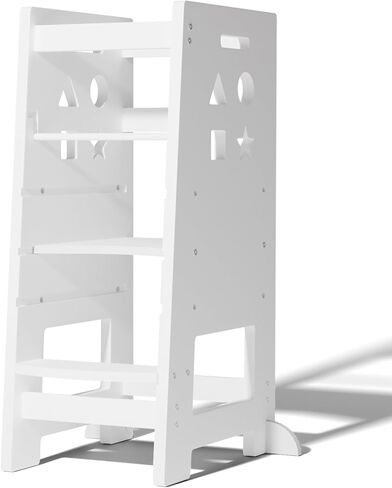 Toddler Kitchen Stool Helper, Kitchen Step Stool for Kids with Safe Rail, Baby Adjustable Learning Standing Tower for Kitchen Counter & Bathroom Sink(White) in Saudi Arabia