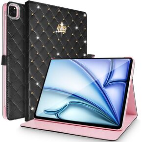 for iPad Air 11 Inch 6th Generation Case M2(2024),iPad Air 5th/4th Gen Case 10.9 2022/2020,Crown Bling Diamond PU Leather Smart Auto Sleep/Wake Stand Protective Case for iPad Air 6/5/4th,Pink