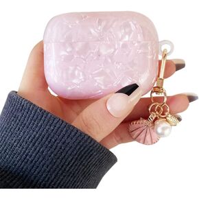 Cute Airpod Pro Case (NOT for Airpod 3rd 2021) with Shell Pearl Keychain Luxury Aesthetic Leopard Hard TPU Protective Cover Compatible with AirPods Pro Case Girly Women (Turquoise Blue)