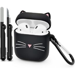 Cute Airpods Case, Whisker Cat Airpods 2 Case, 3D Animals Black Cat Kitty Airpods 1st Generation Case, Airpods 2nd Generation Shockproof Silicone Charging Case with Cleaner Kit and Carabiner