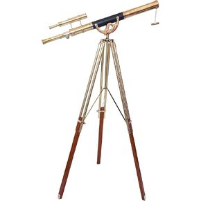 Nautical Vintage Shiny Brass Polish Double Barrel Designer Telescope with Wooden/Brass Tripod Floor Standing Telescopic tripods - NAVIROCK