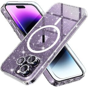 Choiche Magnetic Case for iPhone 14 Pro Max Case, Women Clear Glitter Bling Sparkly Case, [3xDiamond Camera Lens Protectors] [2xTempered Glass Screen Protectors] [Compatible MagSafe] (Glitter Black)