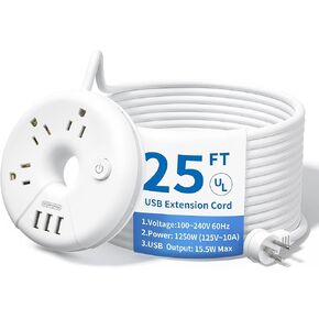 NTONPOWER Extra Long Extension Cord 25 ft, Flat Plug Power Strip with USB Ports, 3 Outlet Desktop Charging Station, Compact Wall Mount, Circuit Breaker, Home, Office, Dorm, Travel, Ideal for Old House
