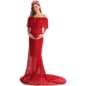 MYRISAM Women Off The Shoulder Lace Maternity Dress Wedding Evening Baby Shower Dress Maxi Photography Gown with Train