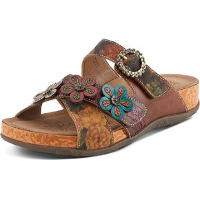 Spring Step L'Artiste Women's CAELANA Hand-Painted Leather Sandals with Floral Detailing and Ankle Buckle