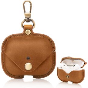 Charging Case Cover for Apple Airpods Pro. Handcrafted Fully, Crazy Horse Cowhide Leather Vintage Case. Protective Portable Shockproof Case with Key Chain (Brown)