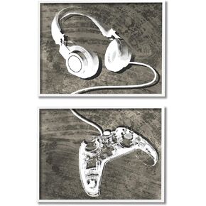 Stupell Industries Kids' Entertainment Accessories Rustic Headphones Video Game Controller, Designed by Daphne Polselli White Framed Wall Art, 14 x 11