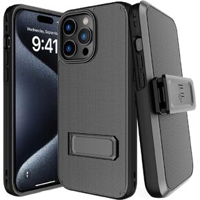 غطاء بمشبك لهاتف iPhone 15 Pro Max، غطاء هاتف هجين متين من Nakedcellphone [مع مسند] وحزام للورك [مراسي آمنة] - أسود غير لامع