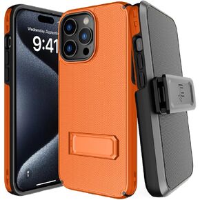 Cover with Clip for iPhone 15 Pro Max, Nakedcellphone Tough Hybrid Phone Cover [with Kickstand] and Belt Hip Holster [Secure Anchors] - Matte Black