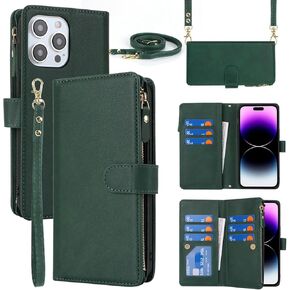 Jaorty Wallet Case for iPhone 15 with Strap,iPhone 15 Case Wallet for Women Men,[9 Card Slots] [Wrist Strap] Zipper Cash Pocket Magnetic Leather Cover Shockproof Case,6.1 inch Black
