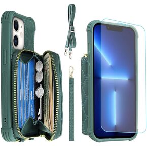 MONASAY Zipper Wallet Case Fit for iPhone 12 Pro/iPhone 12,[Glass Screen Protector ][RFID Blocking] Flip Leather Handbag Phone Cover with Card Holder & Crossbody Lanyard Strap, Black