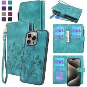 Lacass Case Compatible with iPhone 15 pro max 2023, [Card Slots] ID Credit Cash Holder Zipper Pocket Detachable Leather Cover with Wrist Strap Lanyard (Floral Sky Blue)