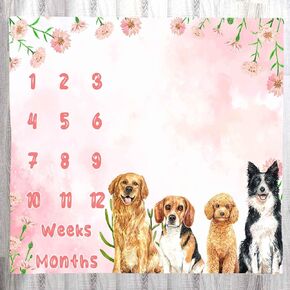 Baby Memory Blanket for Girls, Cartoon Cute Animal Pet Puppy Baby Monthly Milestone Blanket Baby Age Blanket, 48x40 Inch Newborn Photo Receiving Blanket Baby Swaddle Blanket BTLSLY598
