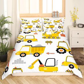 Cartoon Car Bedding Set Kids Construction Comforter Cover Set for Boys Equipment Trucks Duvet Cover Breathable Cartoon Yellow Car Excavator Tractor Bedspread Cover Room Decor Quilt Cover Twin Size