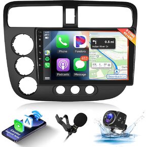 Hodozzy Android Car Stereo for Honda Civic 2001 2002 2003 2004 2005, Wireless Carplay Android Auto Mirror Link, 32GB 9 Inch Touch Screen Car Radio GPS Bluetooth Wifi FM RDS HiFi SWC, Rear view Camera