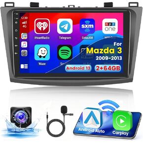 2+64G Android 13 CarPlay Car Stereo Radio for Mazda 3 2009-2013, 9'' HD Touch Screen Compatible with Android Auto, AHD Backup Camera, Mirror Link, GPS, WiFi, FM RDS
