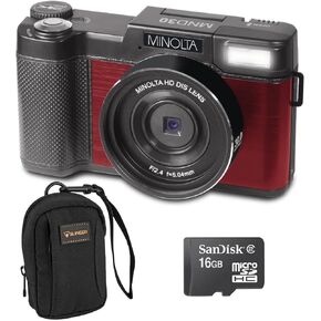 Minolta MND30 30MP 2.7K QHD 3.0" LCD Screen Digital Camera, Purple, with Micro SD Card and Slinger Camera Bag