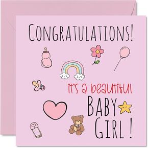 New Baby Girl Card - Congratulations It's a Beautiful Baby Girl Cards Newborn, Well Done Congrats New Baby Cards, Welcome To The World Home Gifts, 5.7 x 5.7 Inch Baby Greeting Cards for Parents
