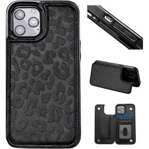 Flip Leather Wallet Case for iPhone 14 - Card Holder Kickstand 6.1 Phone Case for Women, Personalized Picture Text Double Magnetic Buttons Shockproof Case (Black Leopard - All Black)