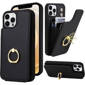 TopPerfekt for iPhone 12 and 12 Pro Wallet Case with Card Holder, 360° Rotation Finger Ring Holder Kickstand Protective RFID Blocking PU Leather Pattern Double Buttons Flip Cover 6.1" Black Leopard