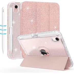 iPad Mini 6 Case 8.3 Inch 2021 - Clear Smart Slim-Fit Glitter Sparkly with Apple Pencil Charging Holder [Supports Wireless Pairing & Charging] Folio Stand Shiny Leather Cover(Rose Gold)