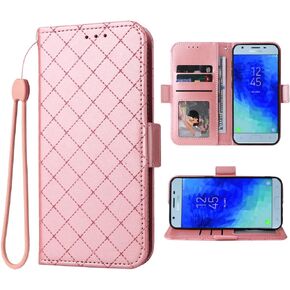 ELISORLI Wallet Case for Samsung Galaxy J3 Orbit J 3 Star 2018 3J Achieve with Wrist Strap Grid Luxury Leather Flip Card Holder Stand Purse Slot Phone Cover for J3V V 3rd Gen SM J337A J337V J337 Pink