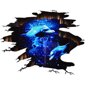 3D Galaxy Dolphins Wall Sticker Smashed Starry Sky Ocean Wall Decal Removable Vinyl Wall Cling 35.4x26.7inch for Ceiling Kids Boy Bedroom Nursery Floor Living Room Decoration