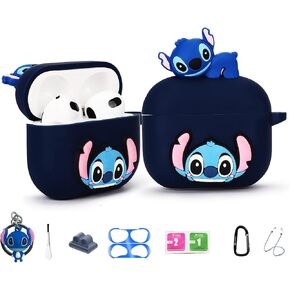 Cute Silicone Cartoon Case for Apple Airpod 3, 7 in 1 Accessories Set Protective Cover, Silicone Case/Keychain/Carabiner/Metal dust Sticker/Cleaning Brush/Anti-Lost Rope,The Best Gift