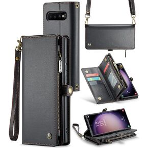 ASAPDOS Samsung Galaxy S10+/S10 Plus 6.4" Case Wallet,Retro PU Leather Strap Wristlet Flip Case with Magnetic Closure,[RFID Blocking] Card Holder and Kickstand for Men Women Wine Red