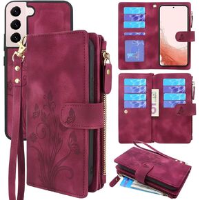 Lacass for Samsung Galaxy S22+ Plus Case [12 Card Slots] ID Credit Cash Holder Zipper Pocket Detachable Magnet Leather Wallet Cover Wrist Strap Lanyard Carrying Pouch(Floral Blue Green)